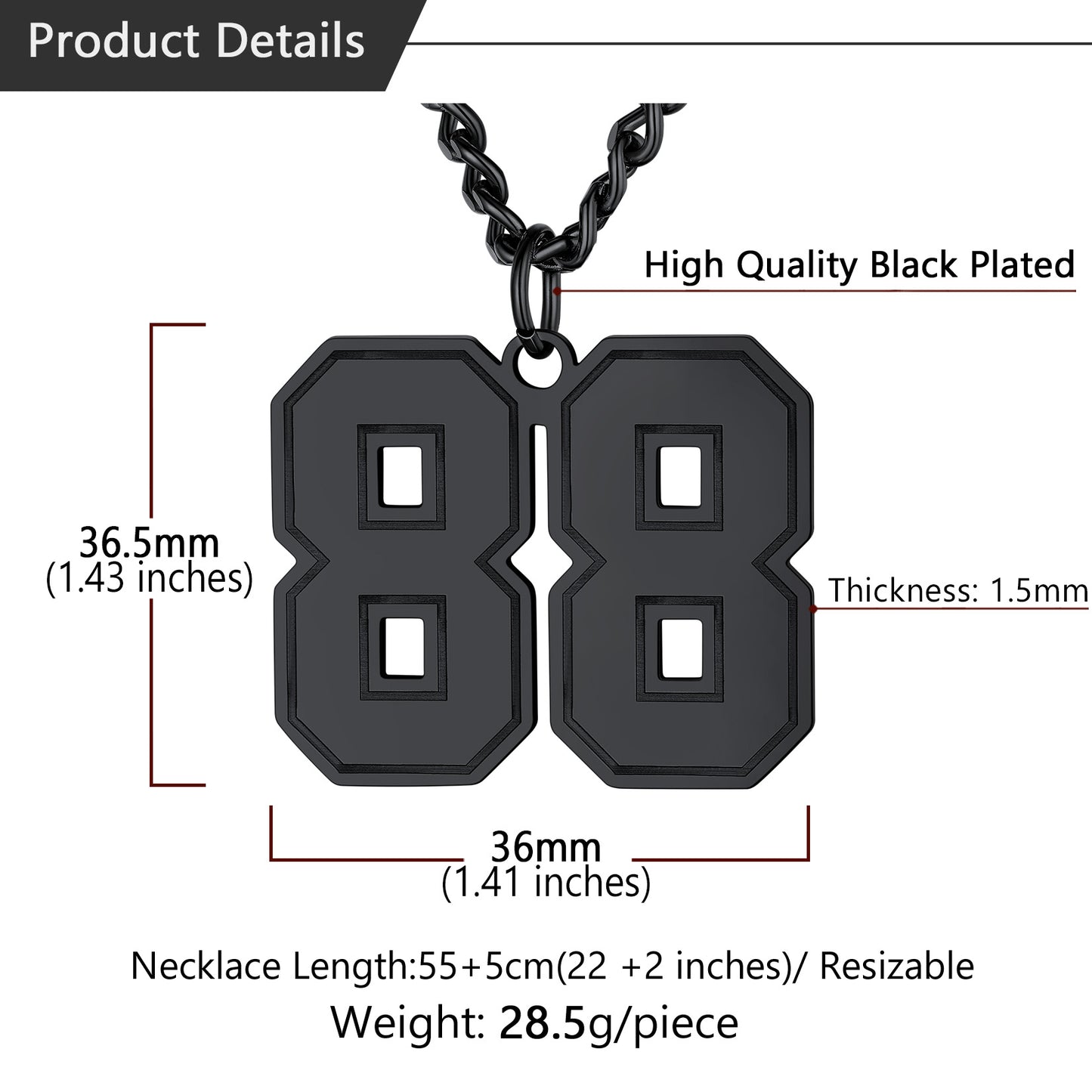 Black 88 sports jersey number pendant necklace, product details