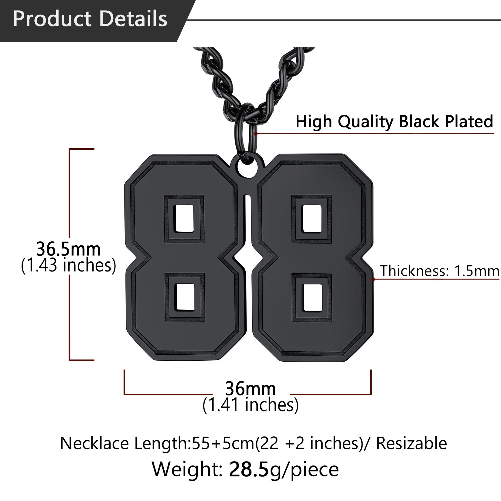 Black 88 sports jersey number pendant necklace, product details
