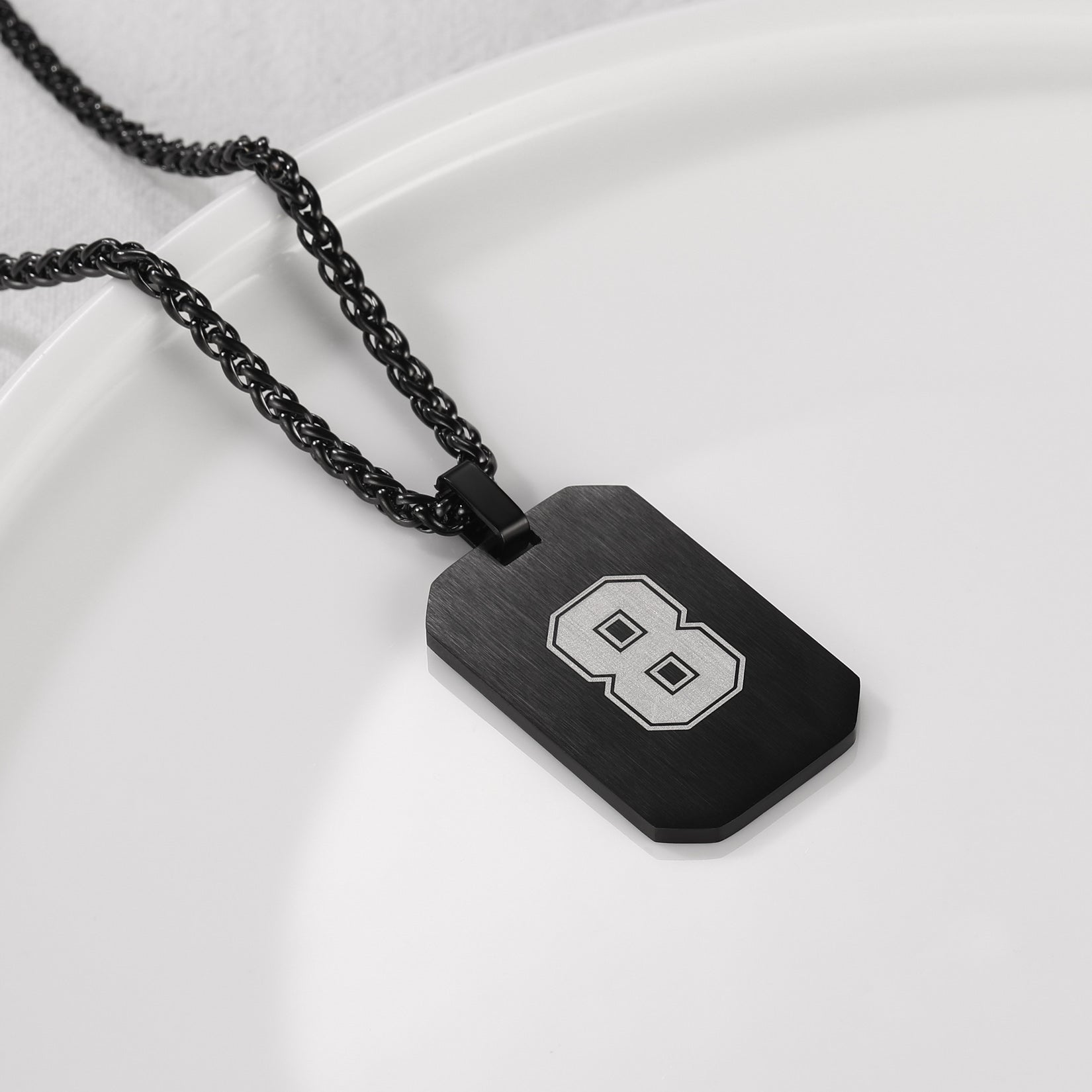 Black Dog Tag Necklace with Number 8 for Men