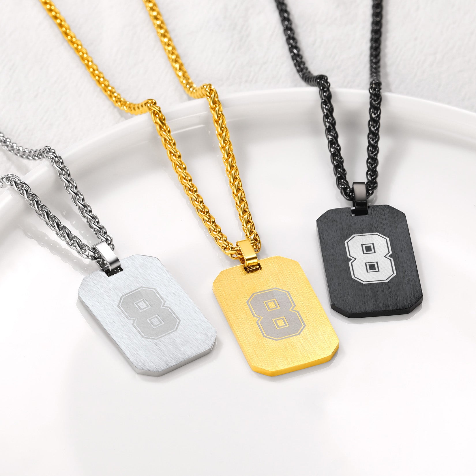 Custom Number 8 Dog Tag Necklaces in Multiple Finishes