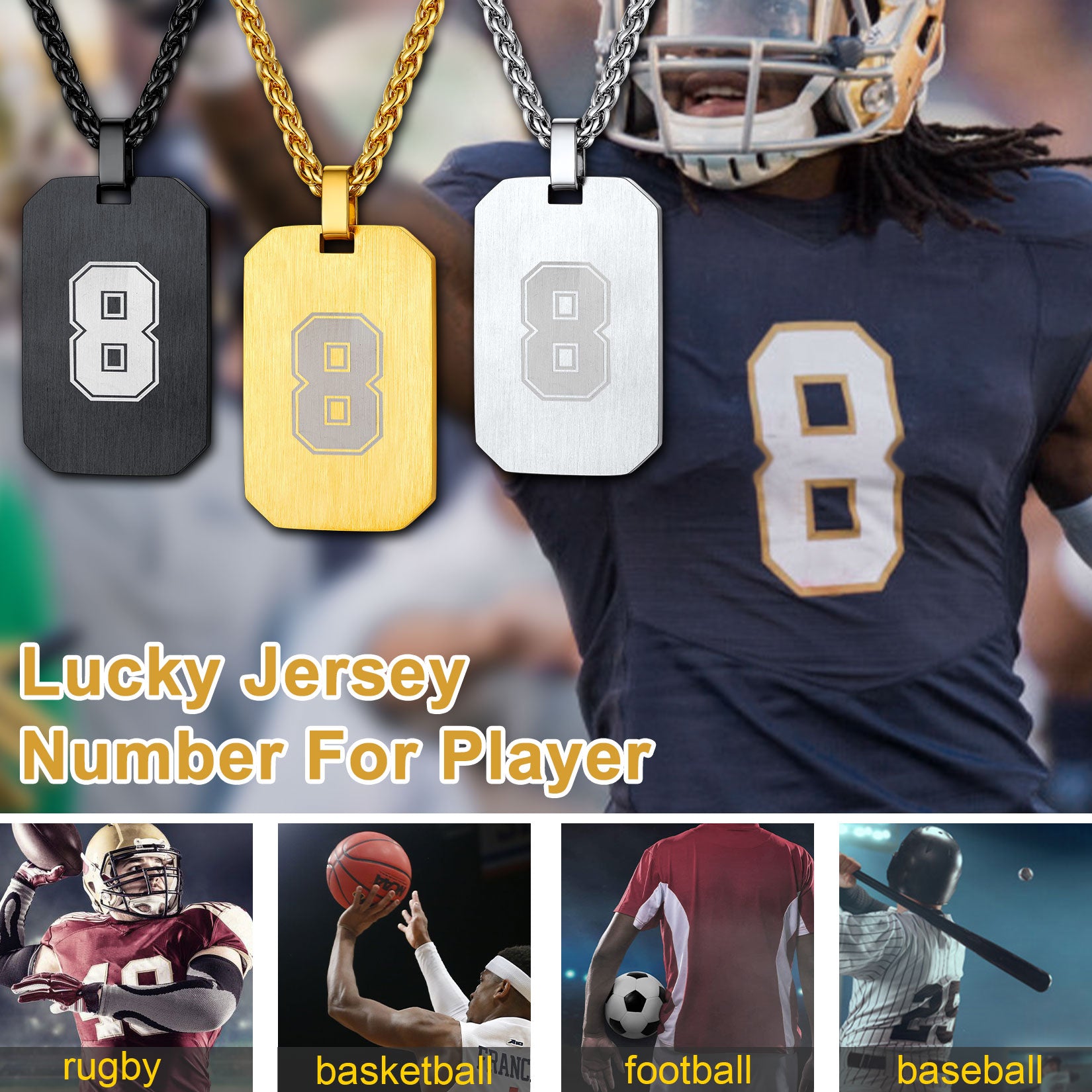 Number 8 dog tag pendant necklace for sports fans