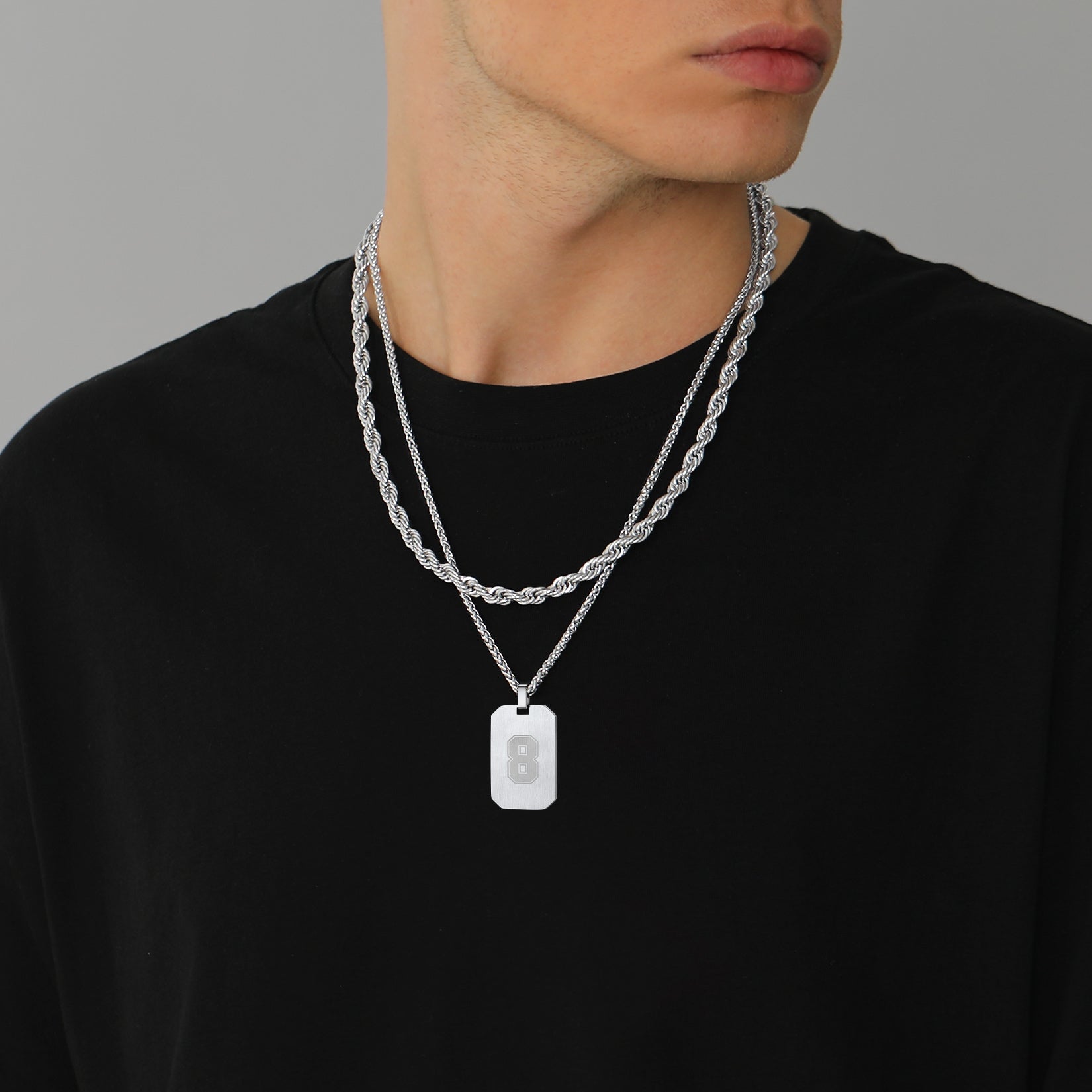 Silver number 8 dog tag necklace for men