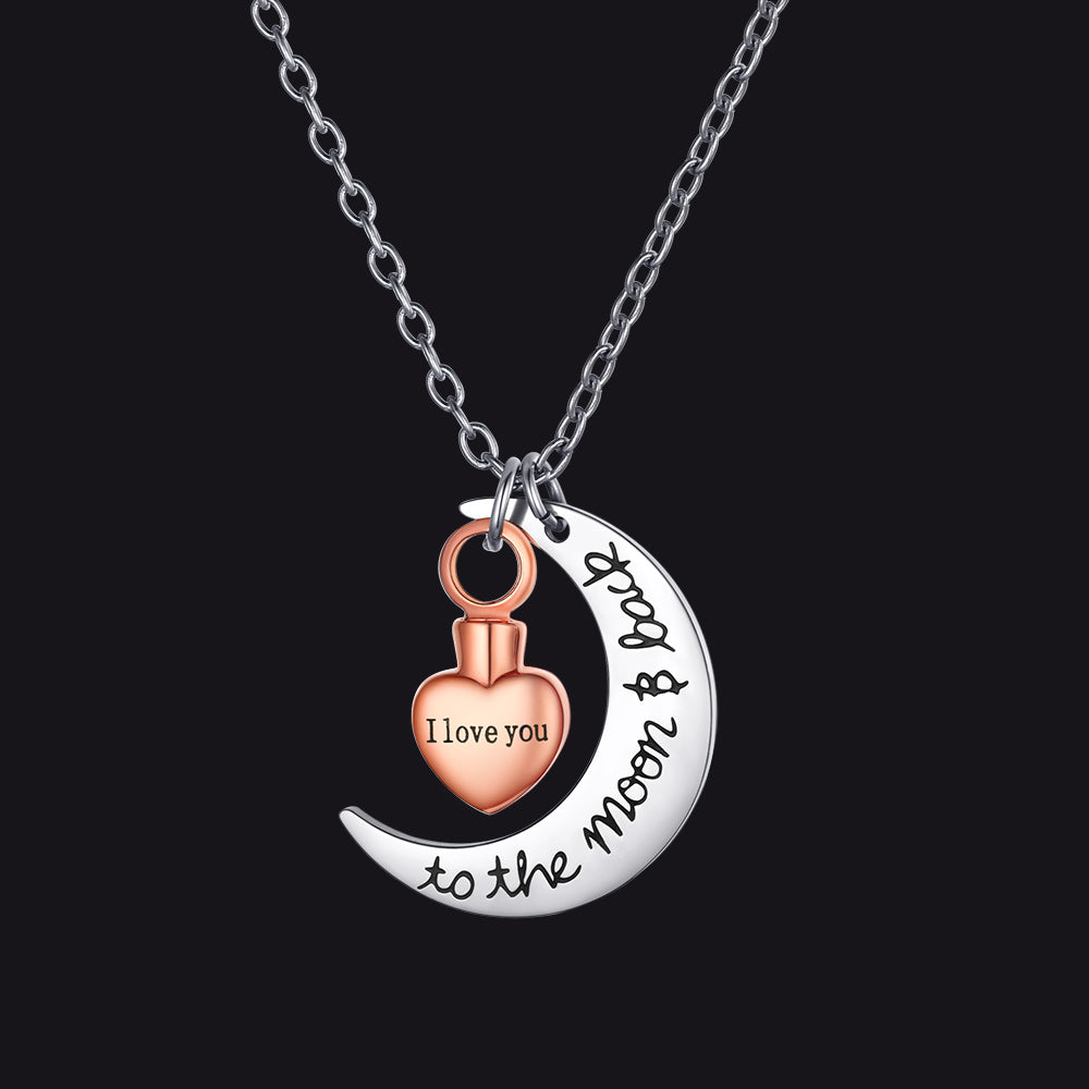 Rose Gold Custom Moon Heart Urn Necklace Cremation Pendant for Ashes