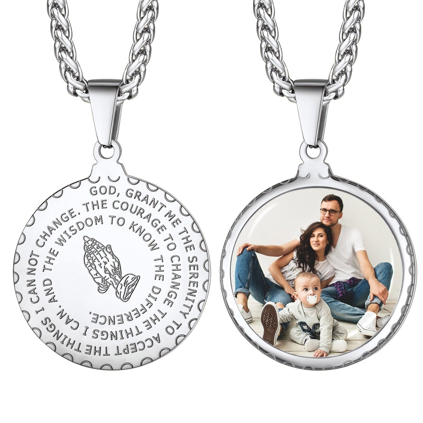 Praying Hands Photo Medal Necklace, Customizable Family Gift