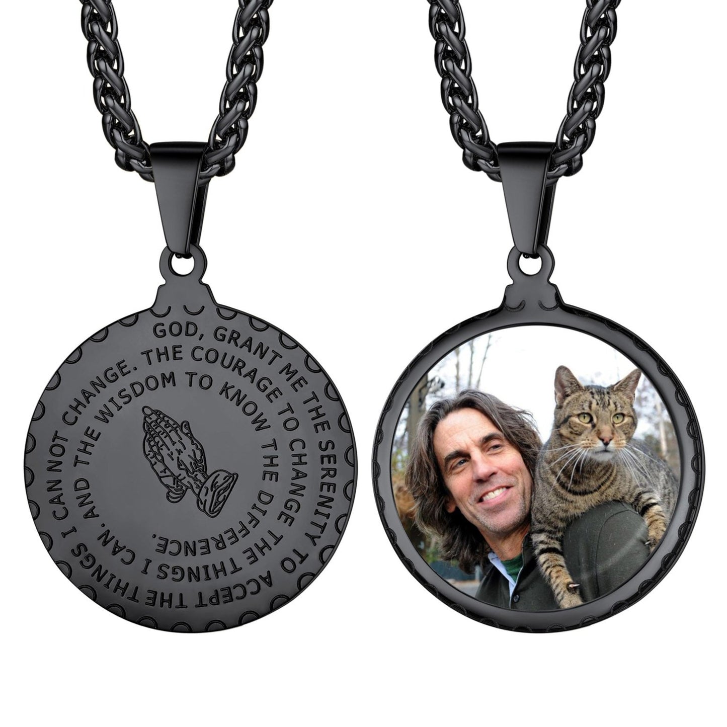 Custom photo necklace with praying hands and bible verse, personalized gift