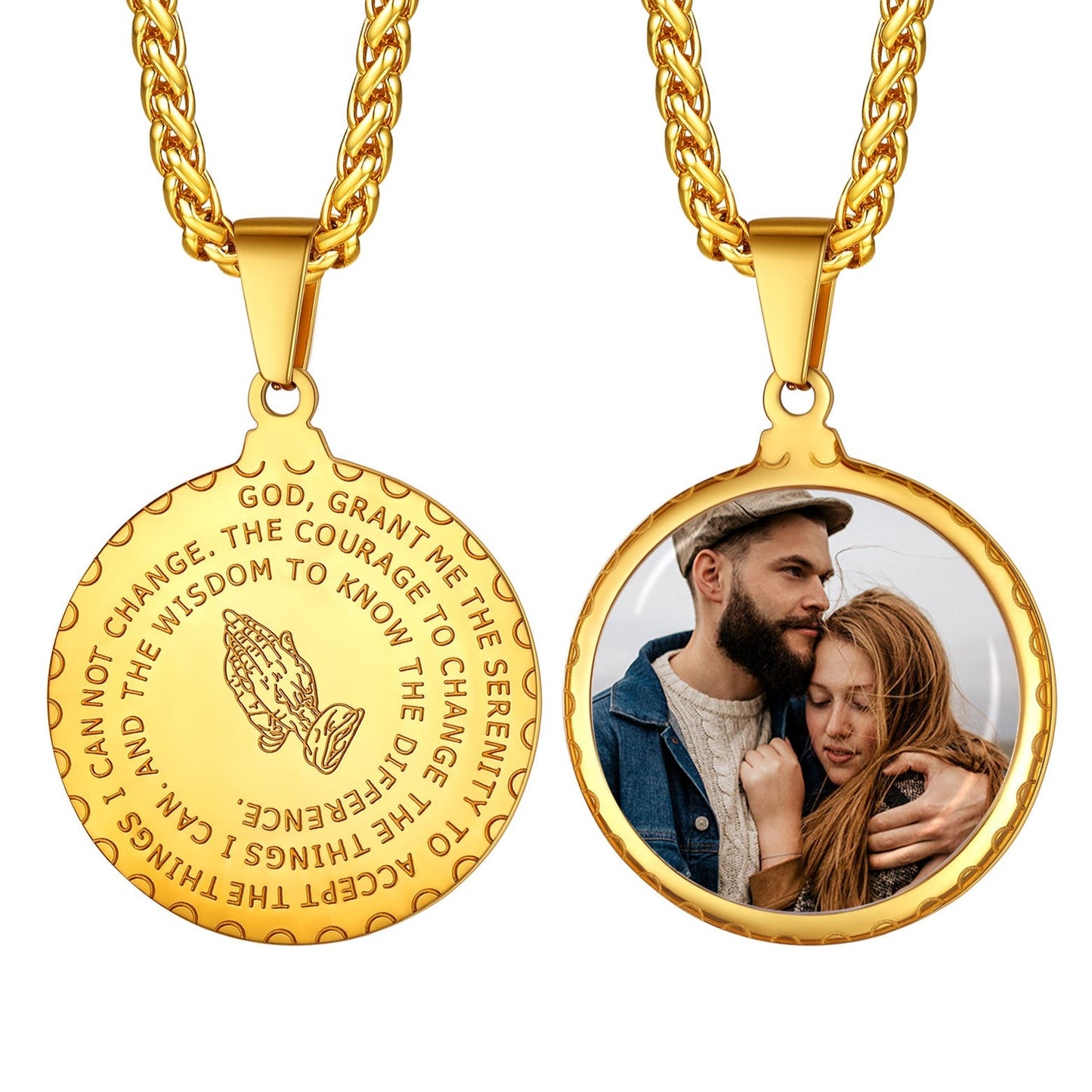 Personalized gold Praying Hands Medal Necklace with photo, bible verse