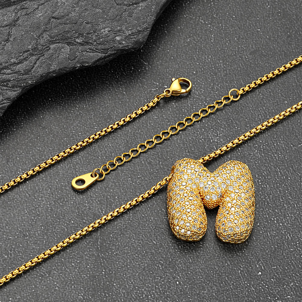 Gold CZ Bubble Letter Initial Chain Necklace for Men Women