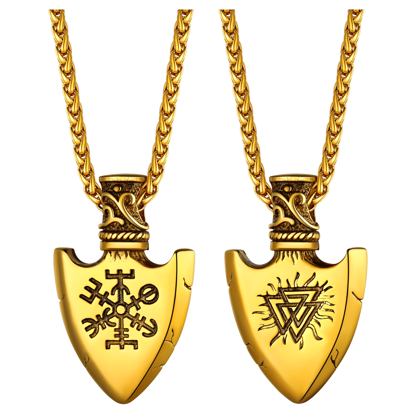 Golden Viking Gungnir Pendant with Valknut and Vegvisir symbols
