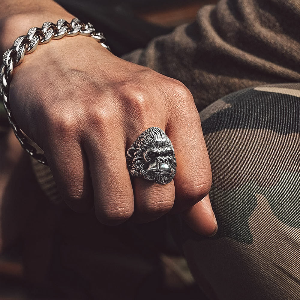FaithHeart Stainless Steel Retro Style Engraved Gorilla Animal Rings FH Jewelry