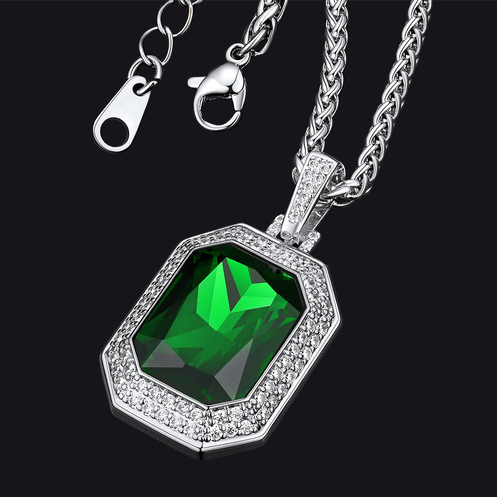 Emerald Cubic Zirconia Dog Tag Pendant Necklace in Gothic Style
