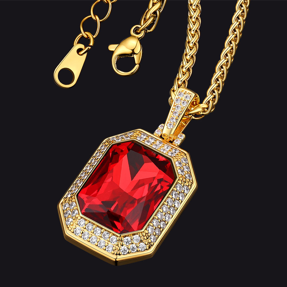 Men's Gothic Red Ruby Cubic Zirconia Dog Tag Necklace