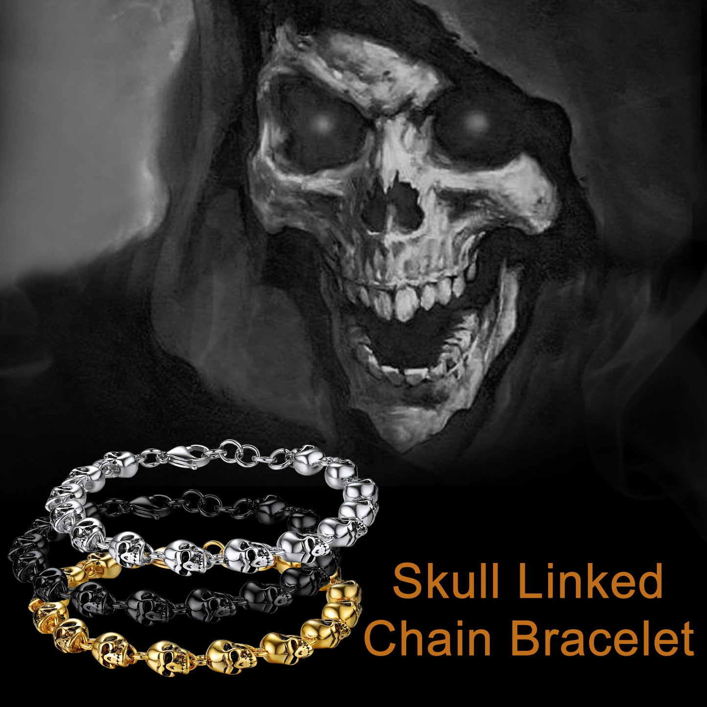 Gothic Linked Chain Skull Bracelet for Men