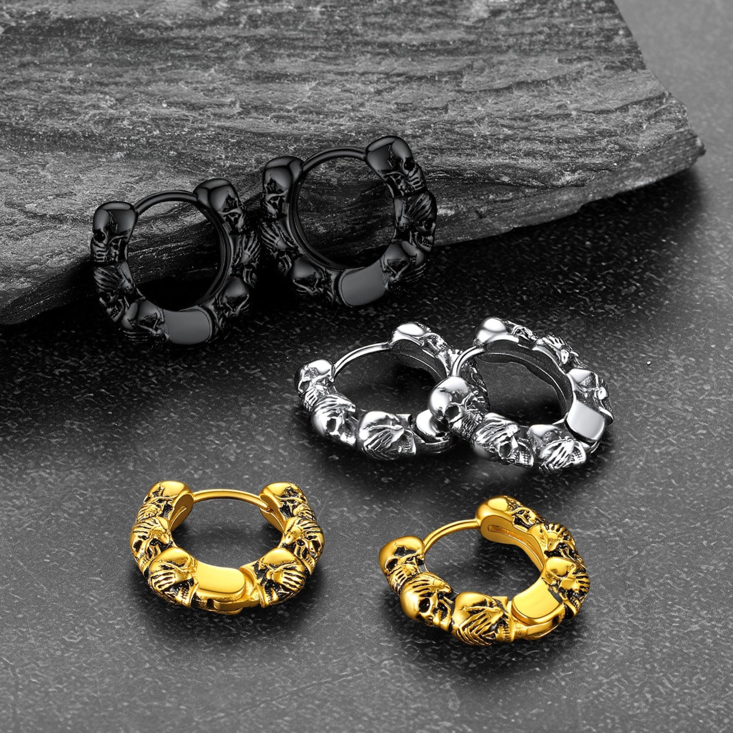 FaithHeart Gothic Skull Sterling Silver Hoop Earrings For Men FaithHeart
