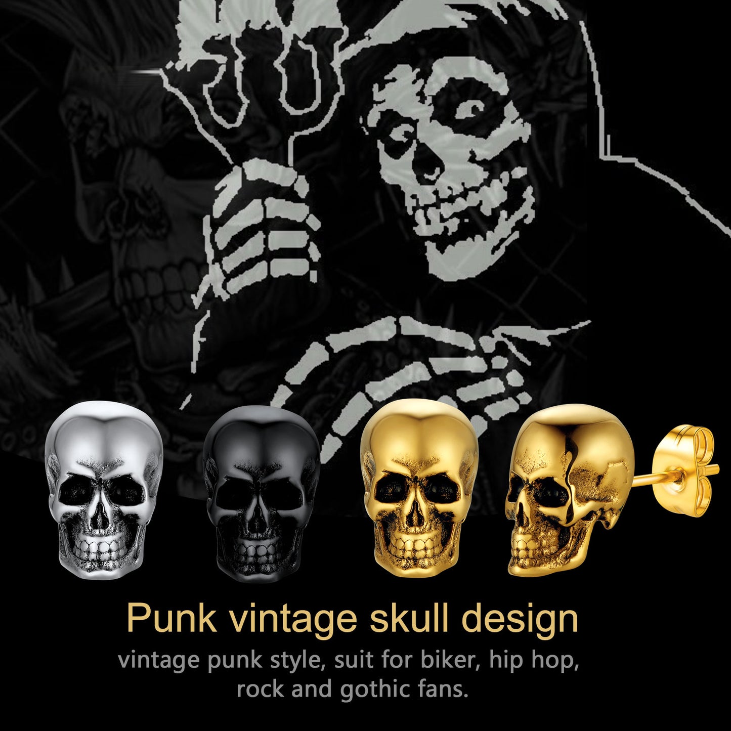 Gothic Punk Skull Stud Earrings for Men