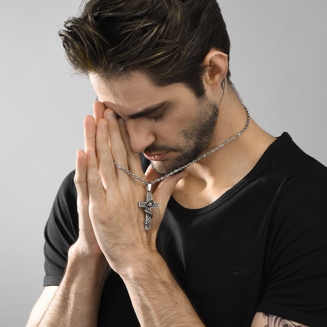 Gothic Snake Cross Necklace for Men in Stainless Steel