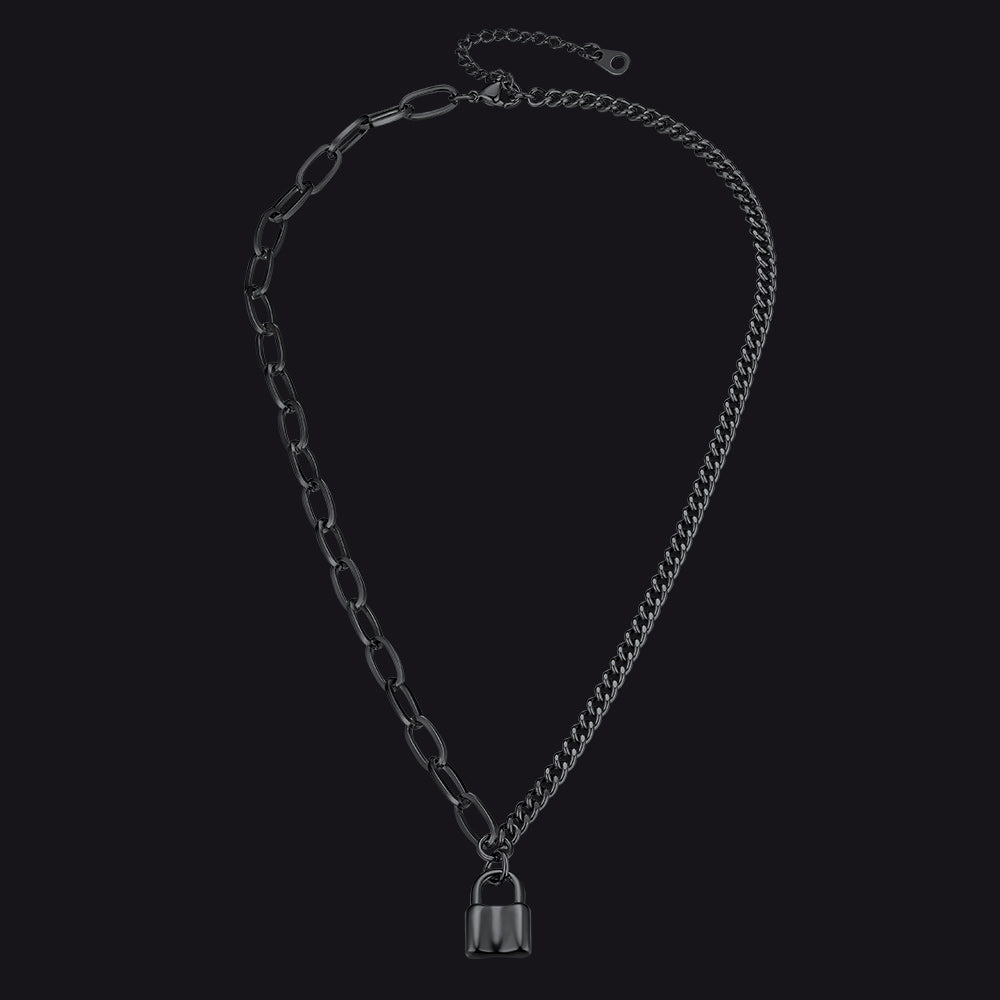 Black Curb Chain with Lock Charm Necklace