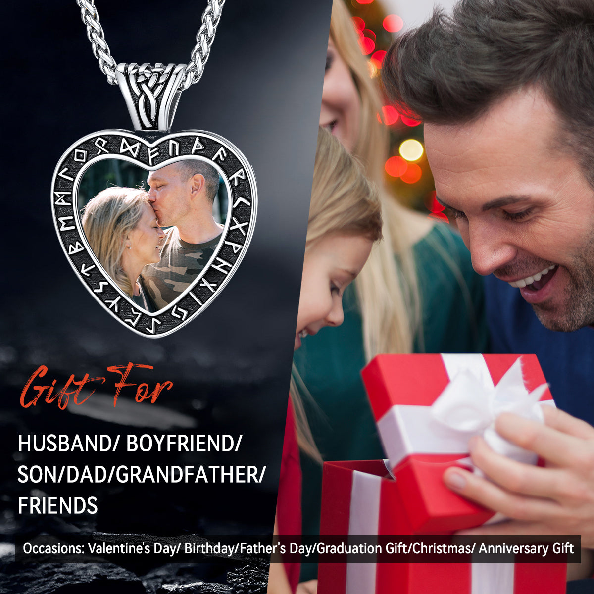 Custom Engraved Photo Heart Necklace with Viking Rune FaithHeart