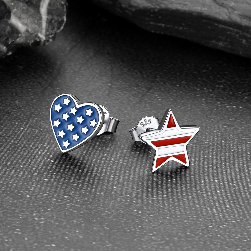 4th of July Heart Star Earrings American Flag Studs for Men