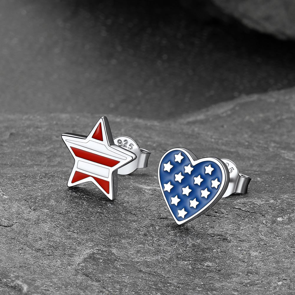 4th of July Heart Star Earrings American Flag Studs for Men