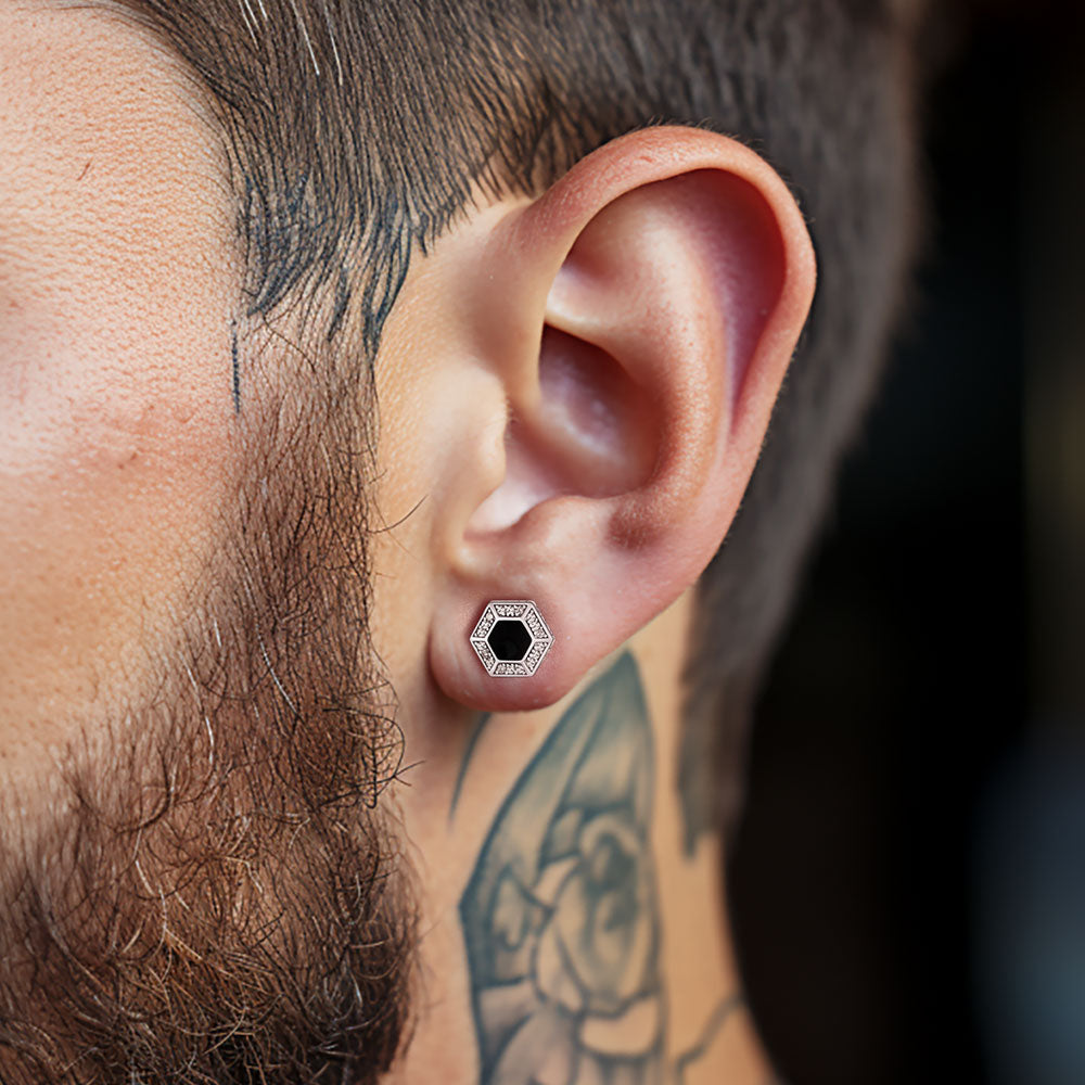 FaithHeart Viking Rune Hexagon Black Onyx Stud Earrings for Men FaithHeart