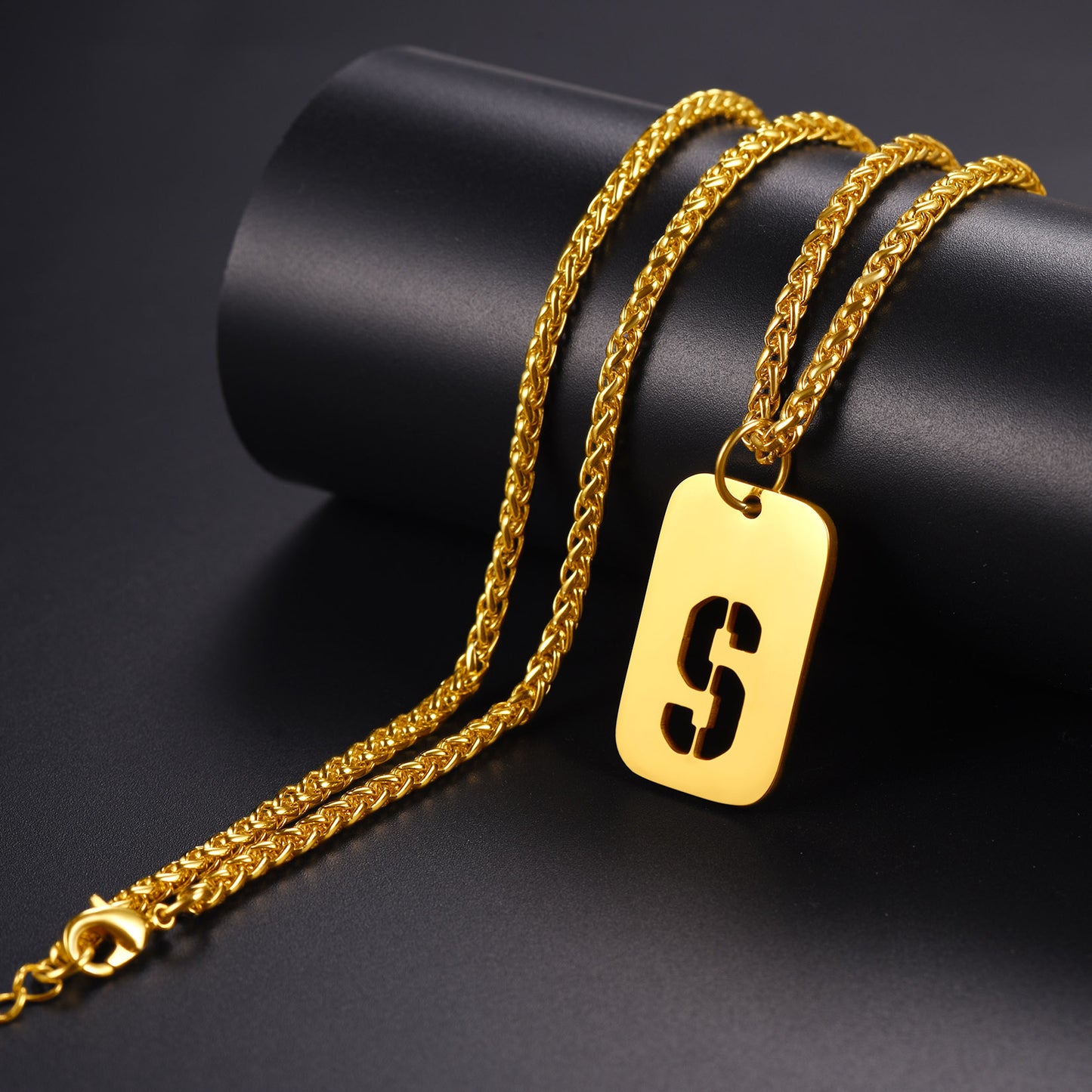 Gold Personalized Initial Dog Tag Necklace with the letter S