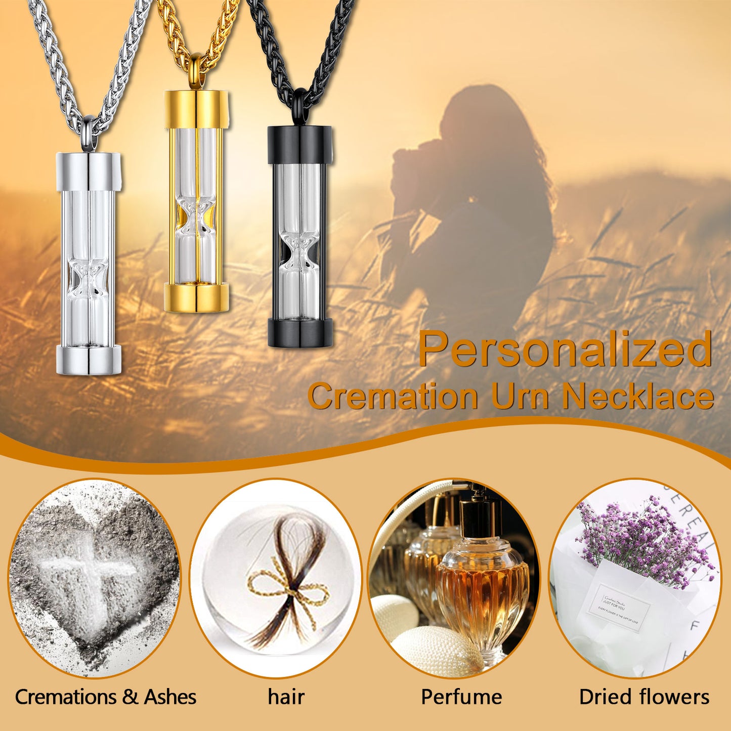Hourglass Urn Necklace for Ashes Cremation Keepsakes for Women Men