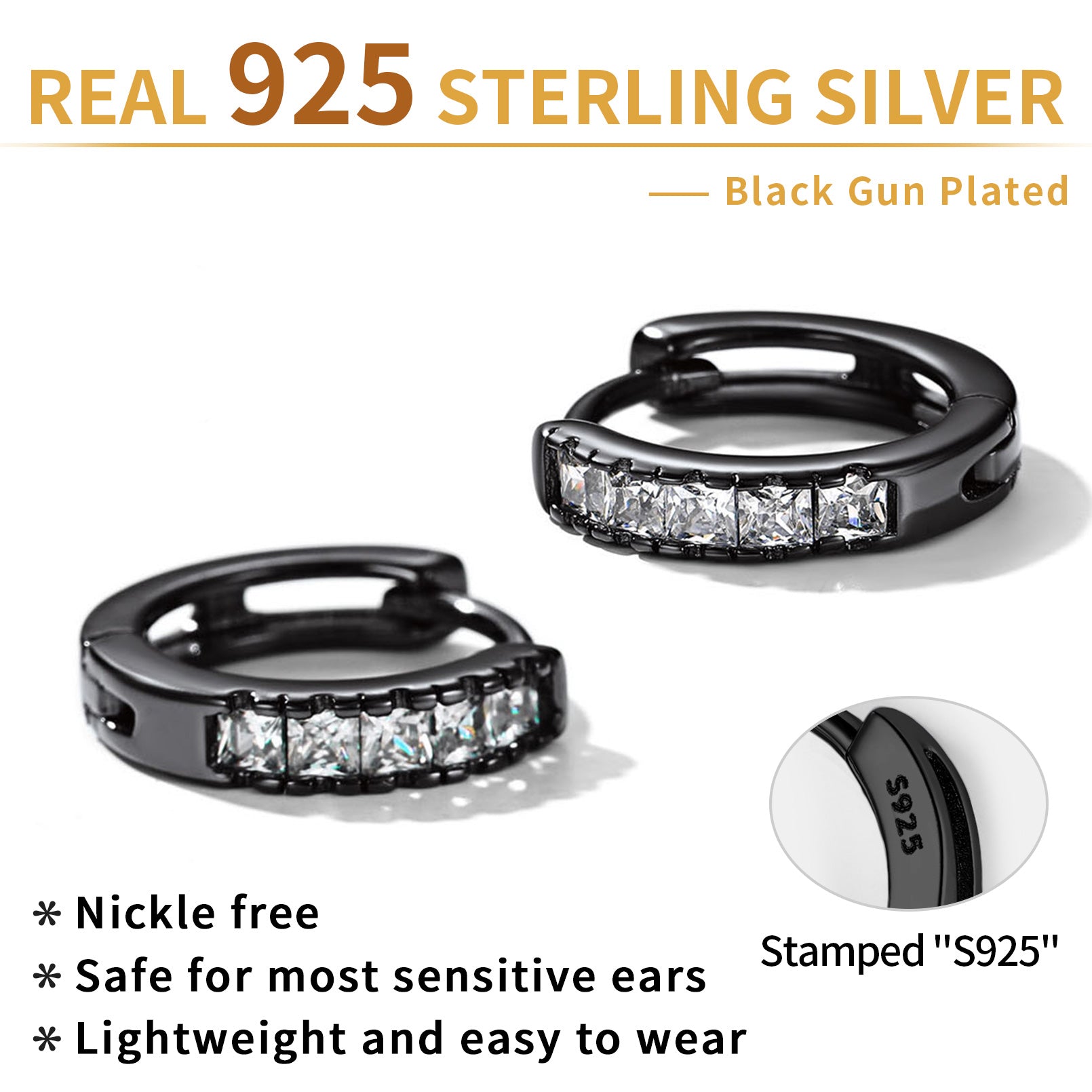 S925 Silver CZ Huggie Small Hoop Earrings for Men