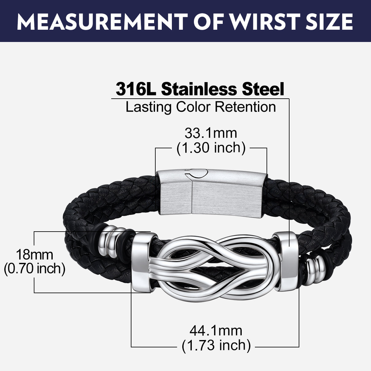 Infinity Knot Leather Bracelet Dimensions: 18mm, 33.1mm, 44.1mm