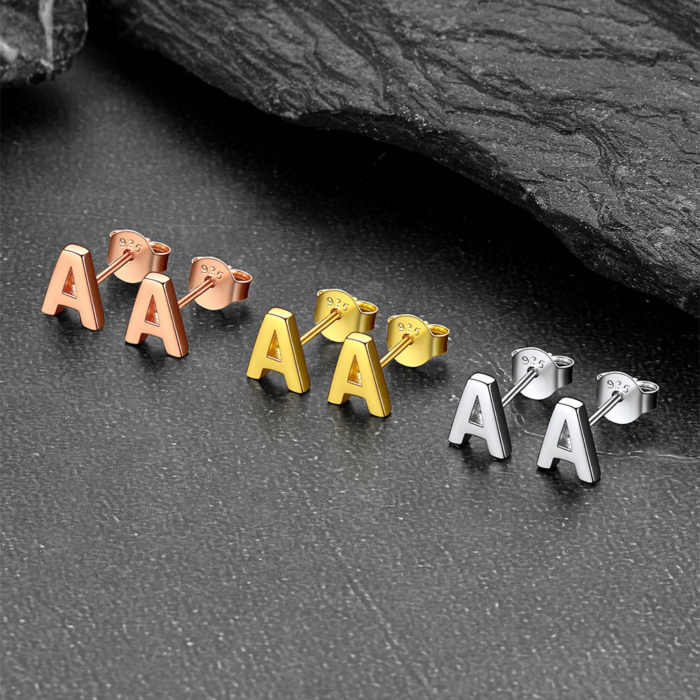 Sterling silver letter 'A' stud earrings in various colors