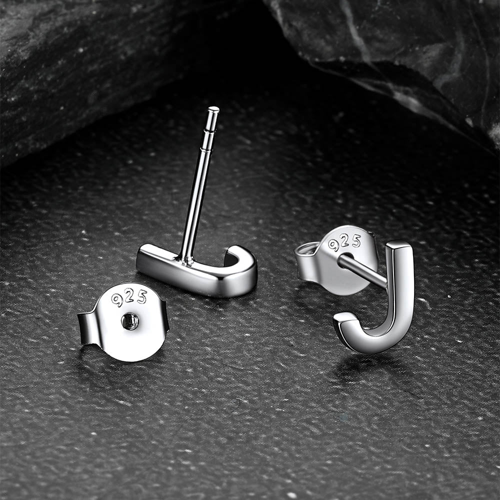 Sterling silver letter 'J' stud earring, 925 sterling silver initial earrings