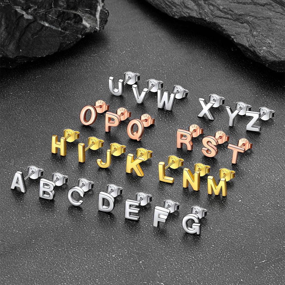 Initial stud earrings, sterling silver alphabet studs for women and girls