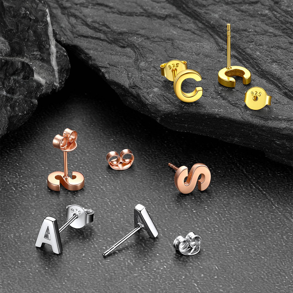 Sterling silver initial earrings, alphabet studs for women and girls