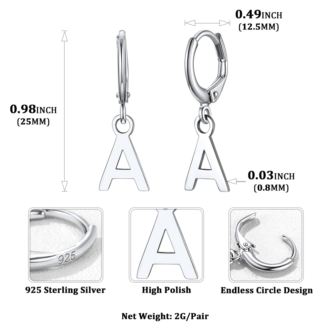 S925 Silver Initial Letter Dangle Earrings Gift for Women Men