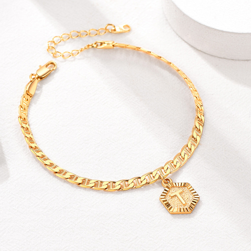 Gold Initial T Chain Link Ankle Bracelet, Gift for Women