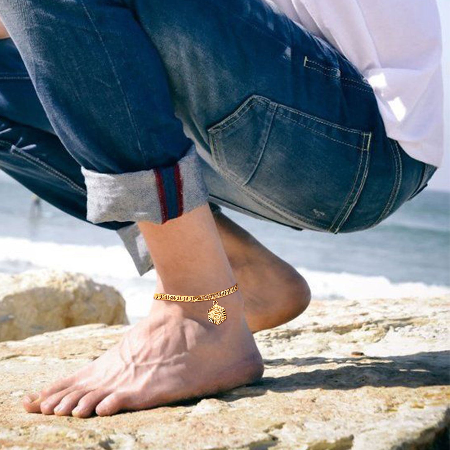 Gold Initial S Ankle Bracelet. Personalized gift for women and men.