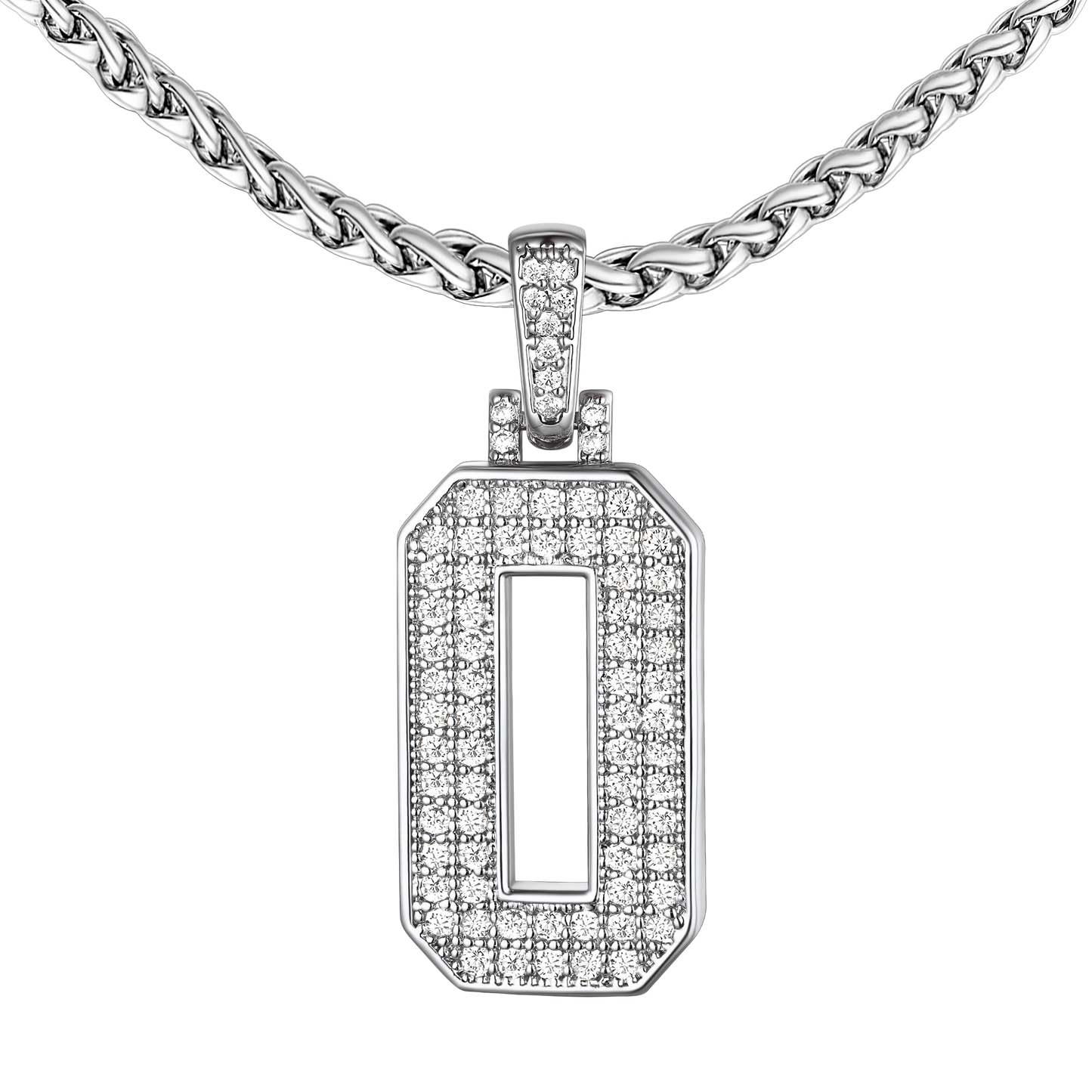 White Gold CZ Jersey Number 0 Necklace, Stainless Steel