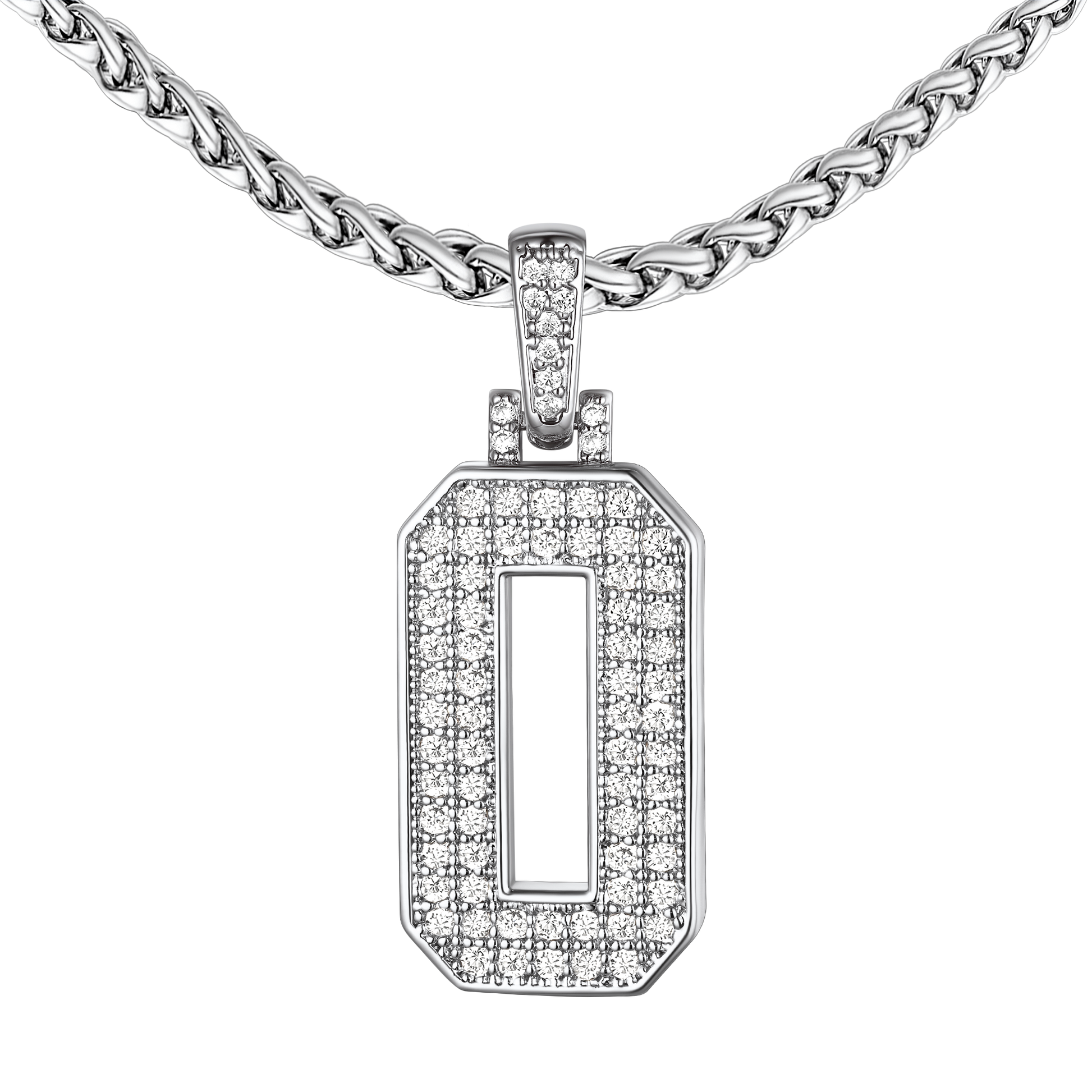 White Gold CZ Jersey Number 0 Necklace, Stainless Steel