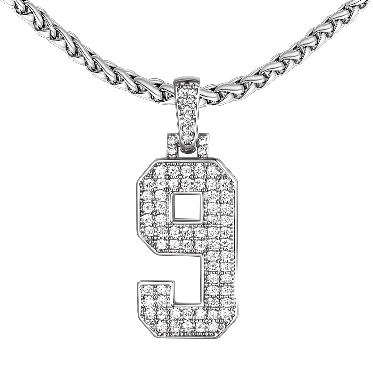 White Gold Number 9 CZ Pendant Necklace for Men and Women