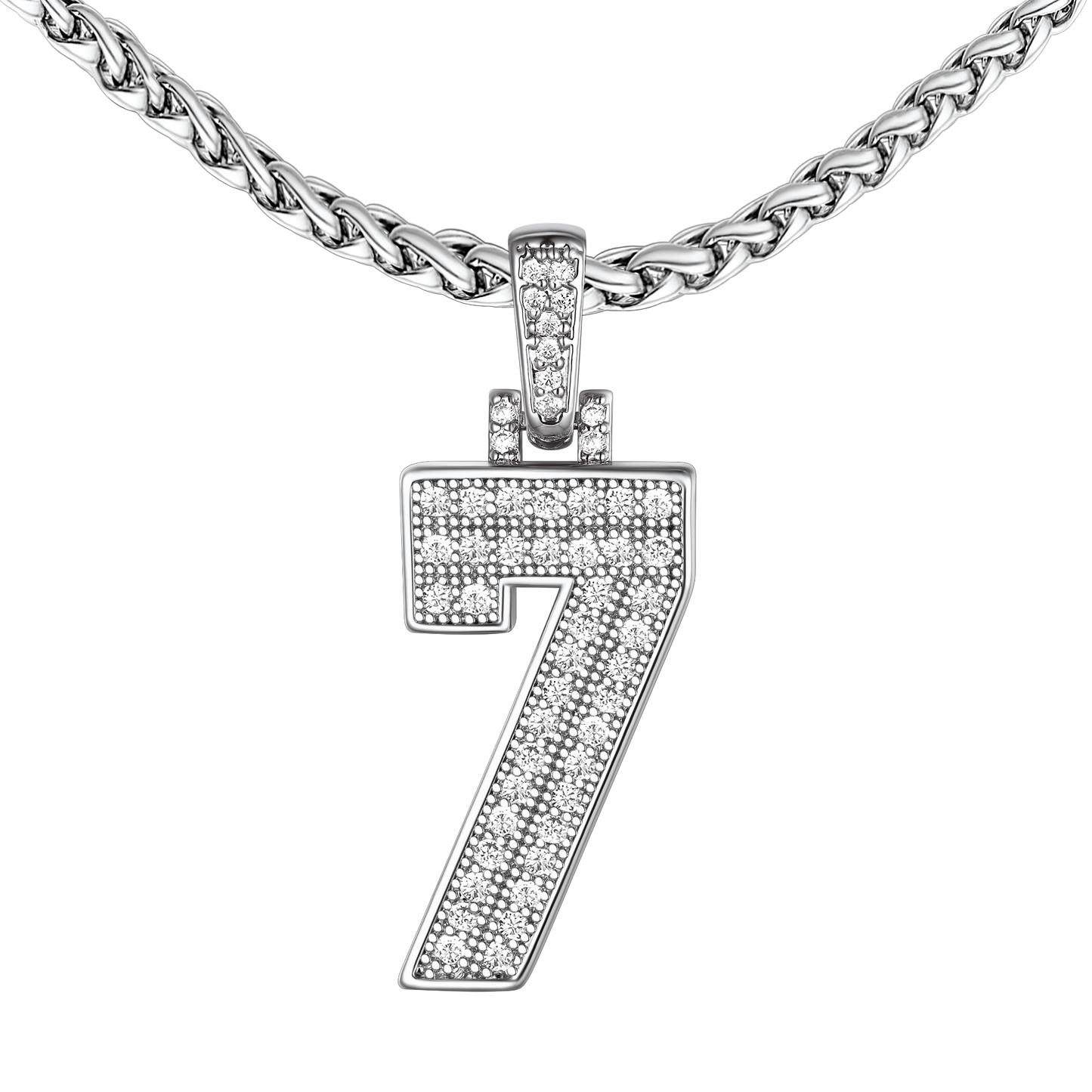 Number 7 CZ Pendant Necklace, White Gold, Stainless Steel Chain