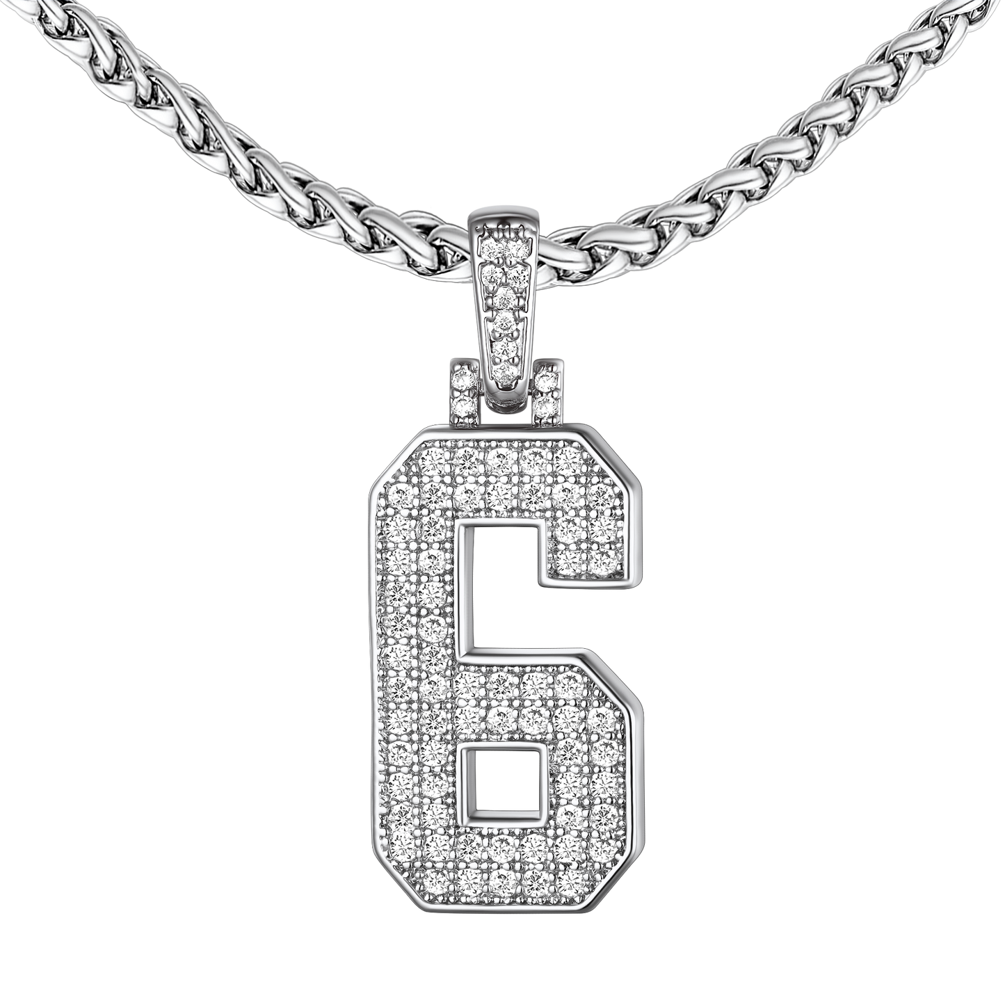 Number 6 CZ Jersey Necklace, Stainless Steel