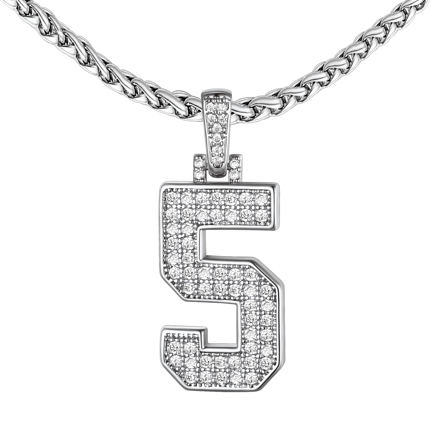 White Gold Number 5 CZ Necklace for Men & Women