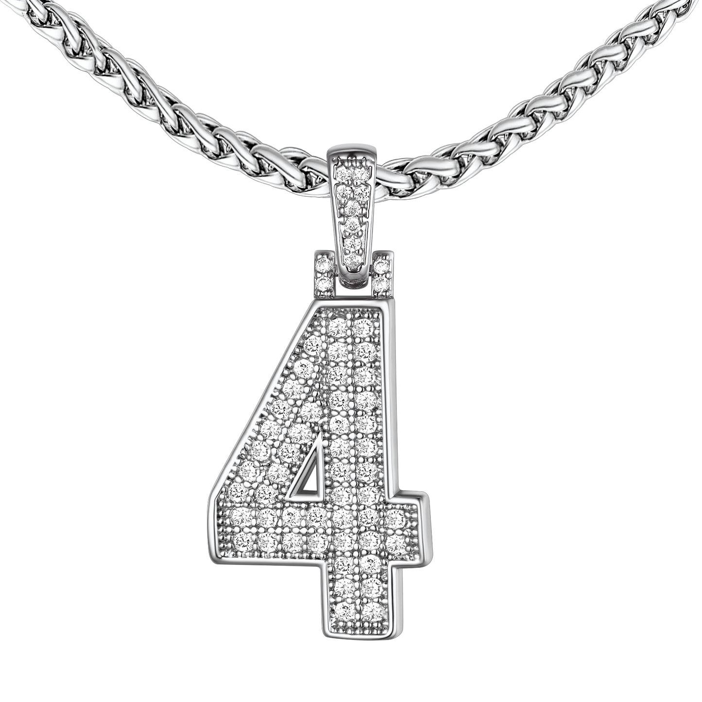 Number 4 CZ pendant necklace, white gold, stainless steel chain