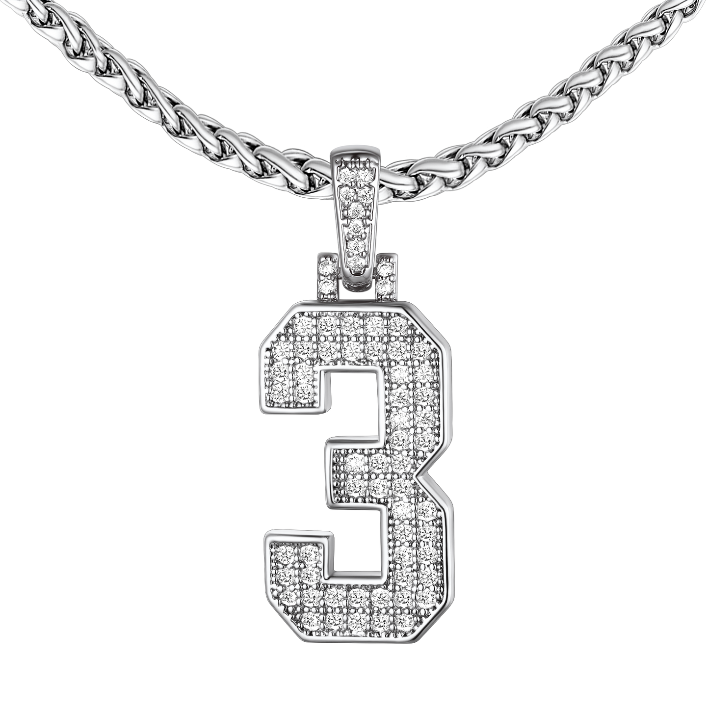 Number 3 cubic zirconia pendant necklace, stainless steel chain