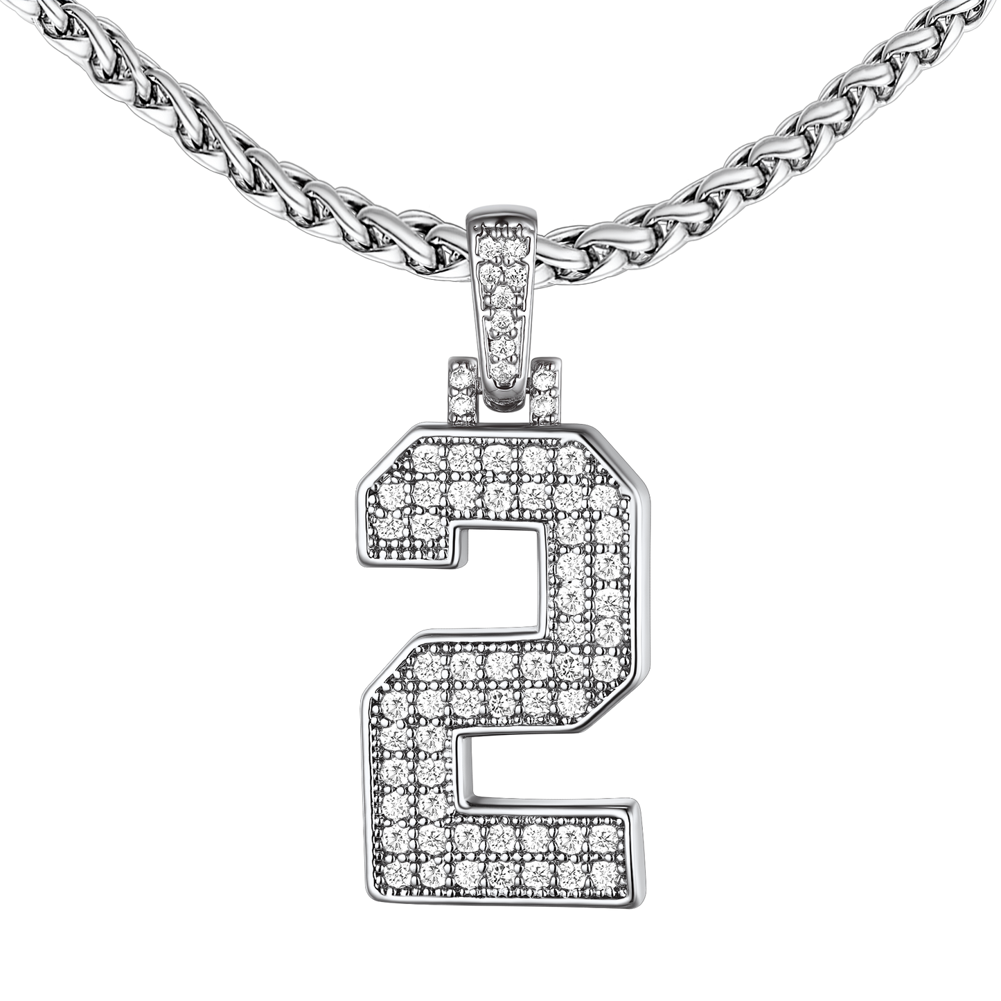 Cubic Zirconia Number 2 Pendant Necklace in White Gold for Men & Women