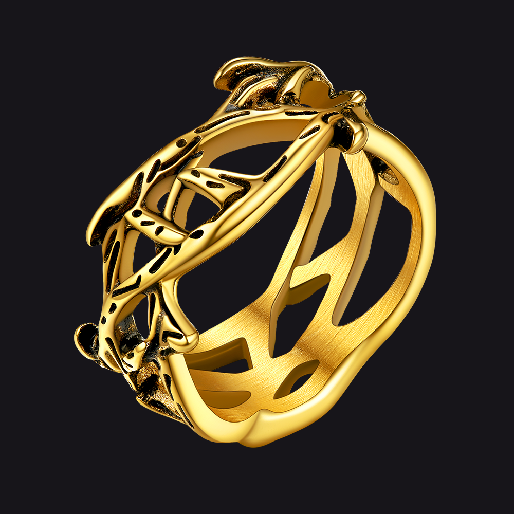 Gold Christian thorn ring with tree of life band, stainless steel