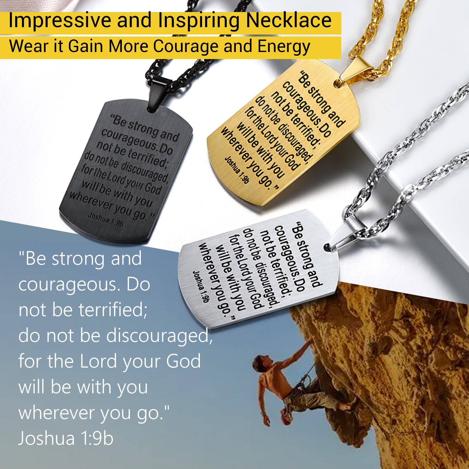 Christian dog tag necklace with Joshua 1:9 verse, men's religious jewelry