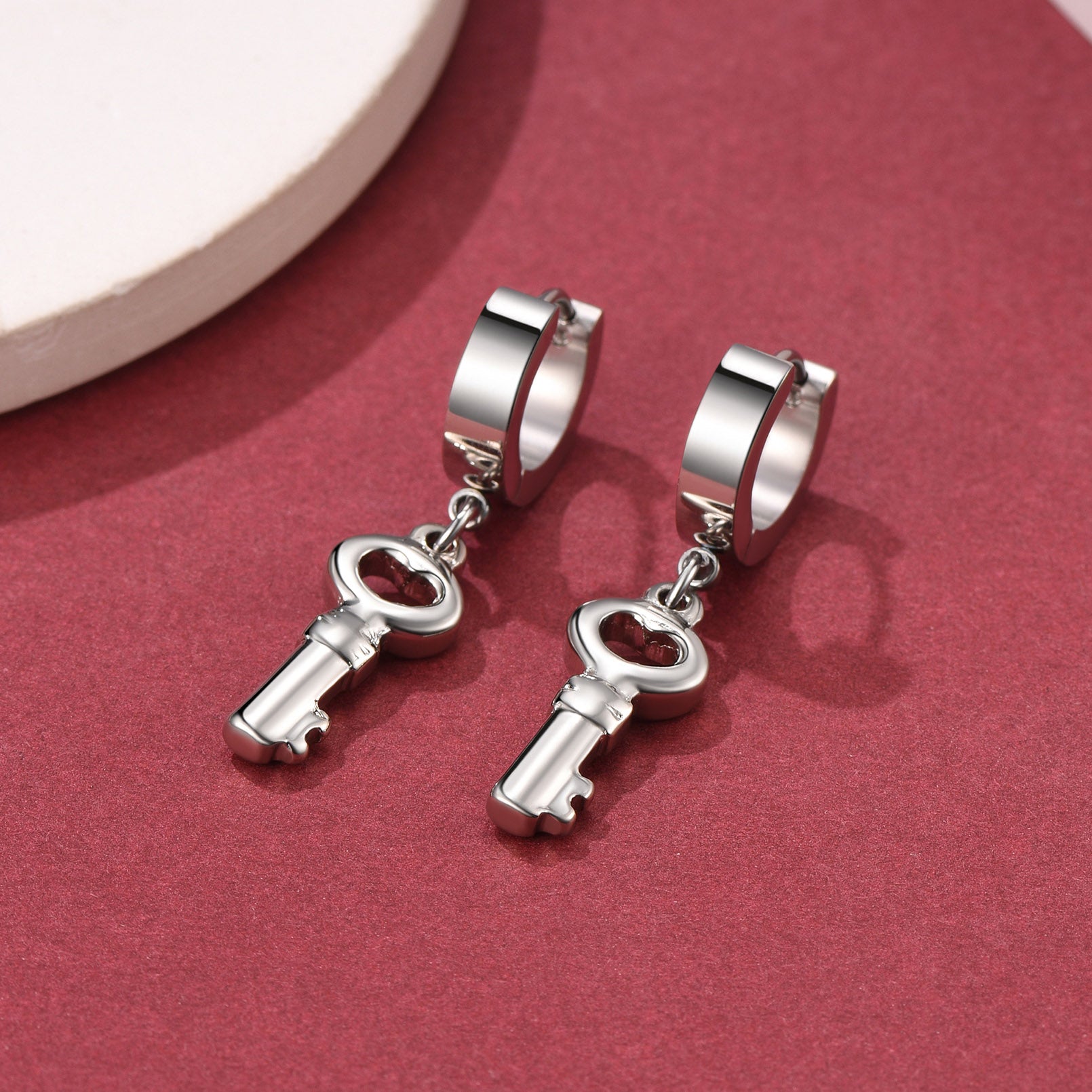 Silver Key Dangle Hoop Earrings for Men