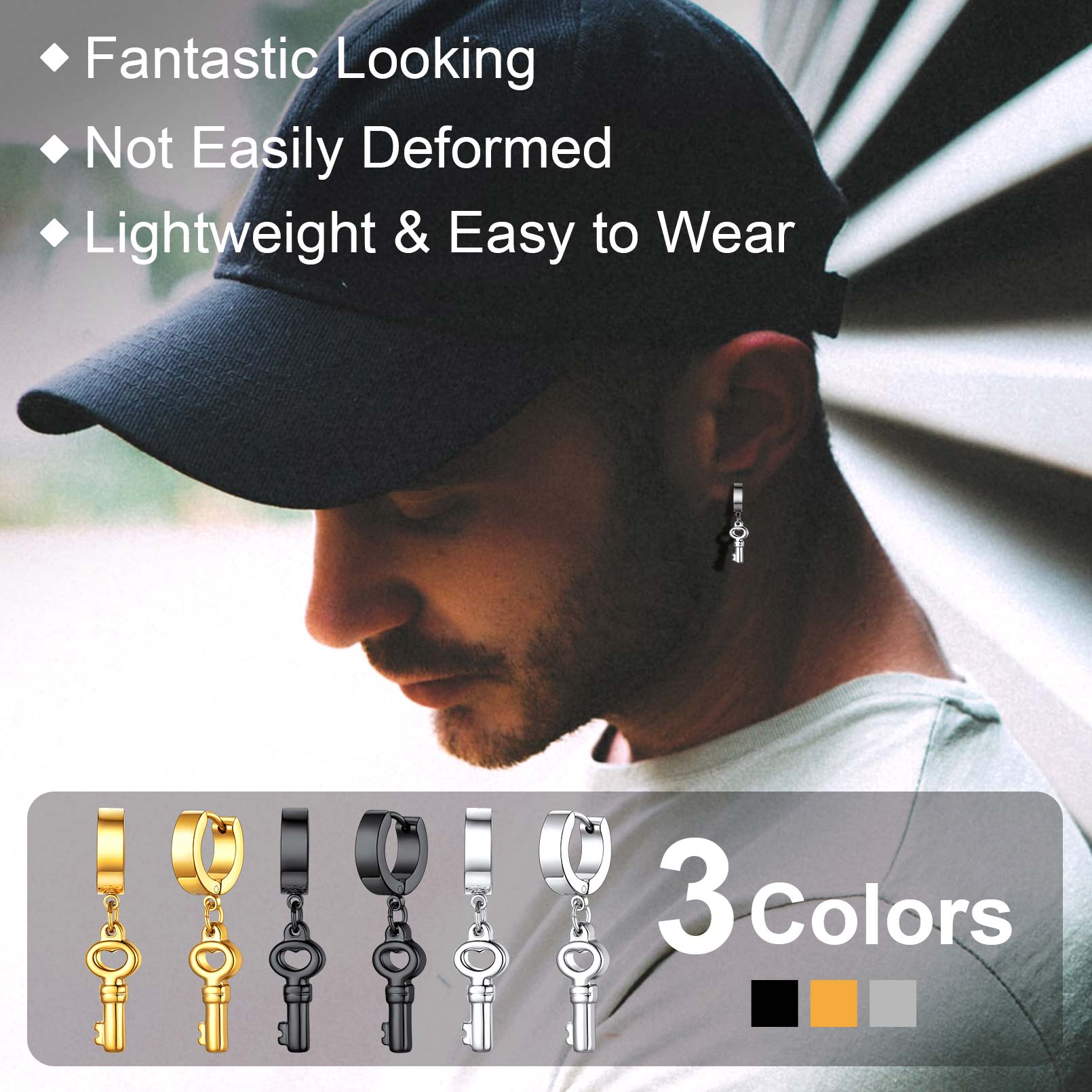 Man wearing key dangle hoop earrings, available in 3 colors