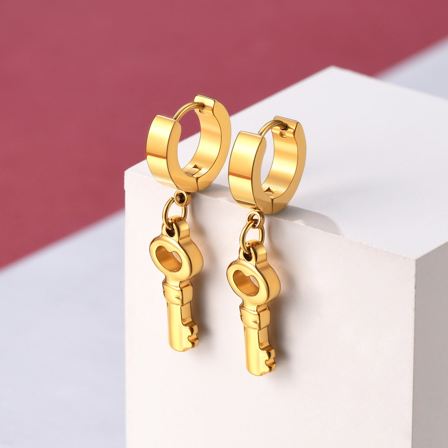 Gold Key Dangle Hoop Earrings, Stainless steel earrings for men