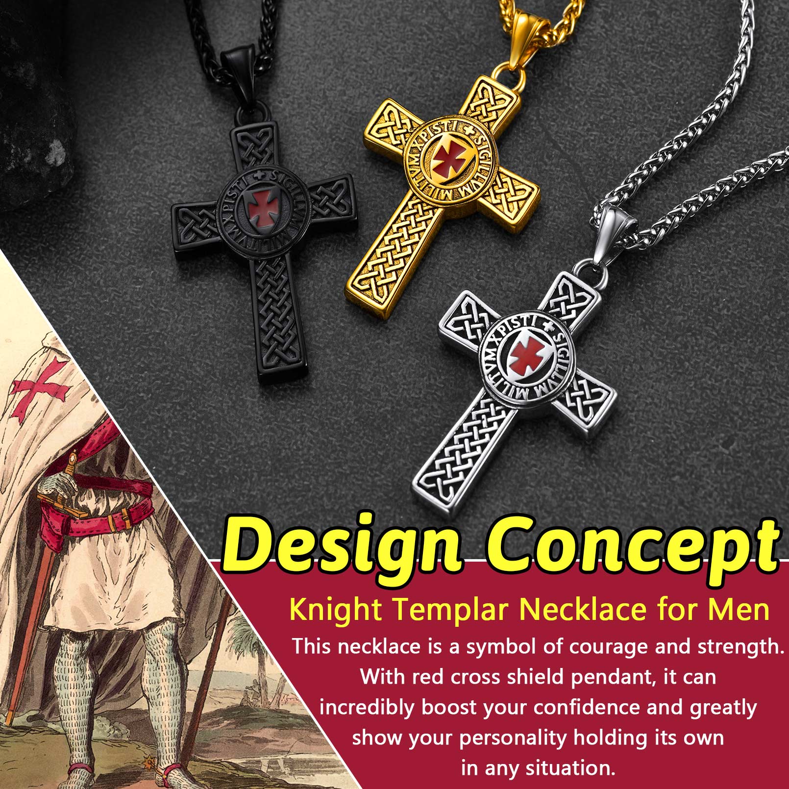 Knights Templar Celtic Cross Pendant Necklace for Men, FaithHeart Jewelry